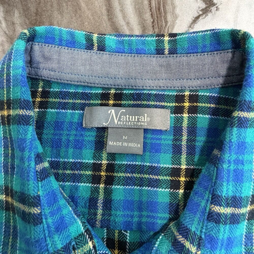 Natural Reflections Women's M Plaid Flannel Shirt Teal Blue Yellow Button Up - Picture 2 of 6